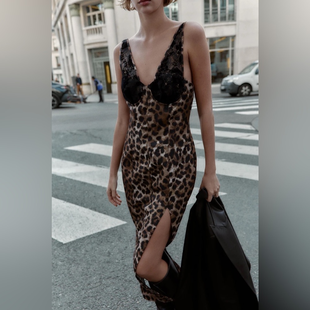 Zara Leopard Print Midi Dress with Black Lace Trim